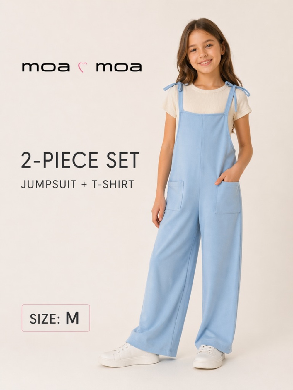 Moa Moa Girls 2 Piece Set Blue Jumpsuit Ivory Ribbed Tee Size M 9-10 Pockets